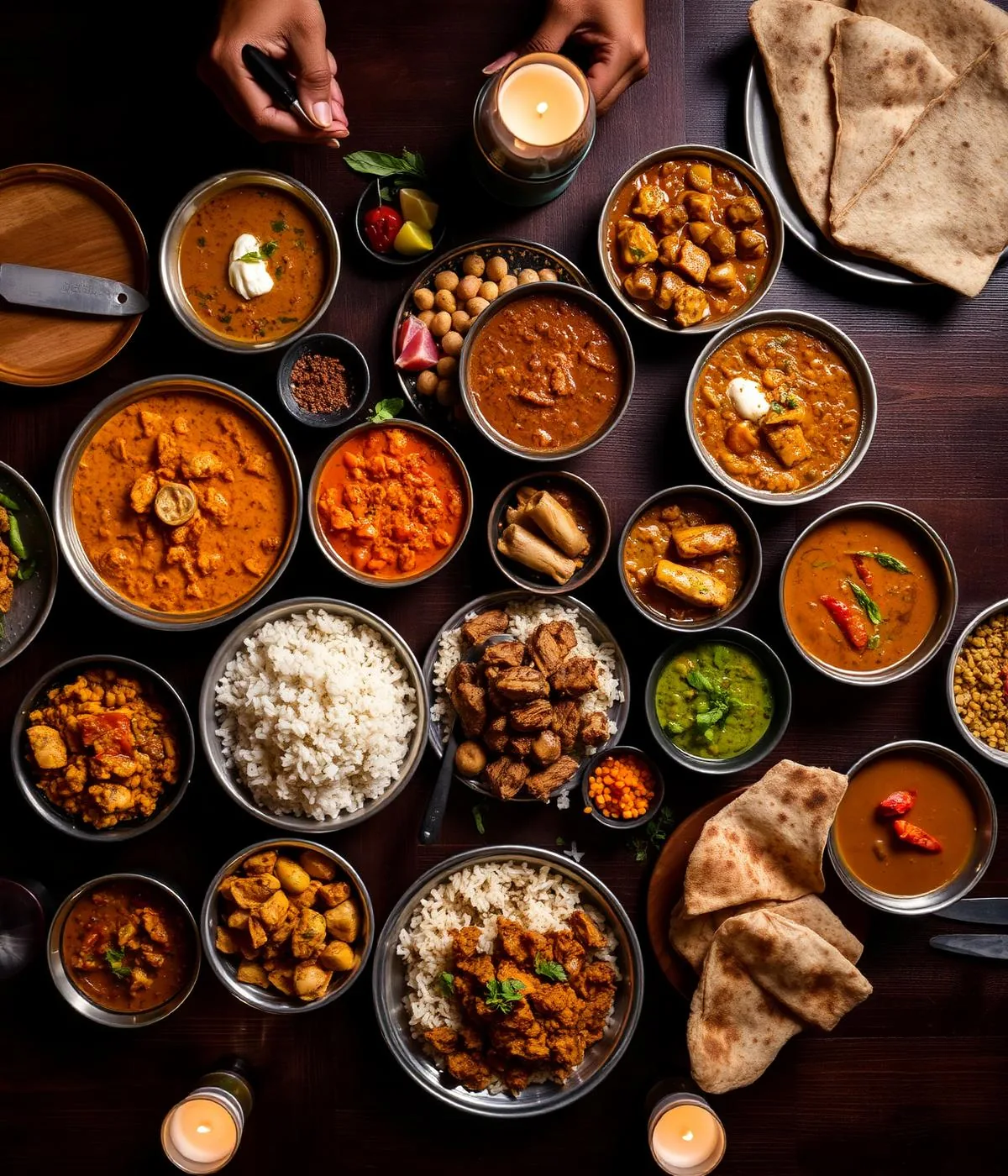 Premium vegetarian dining spread with Indian breads, rice and curries