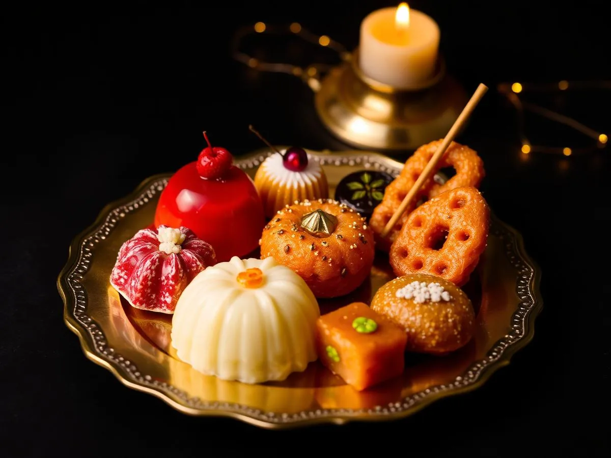 Traditional Indian sweets arranged on a brass plate with warm festive lighting