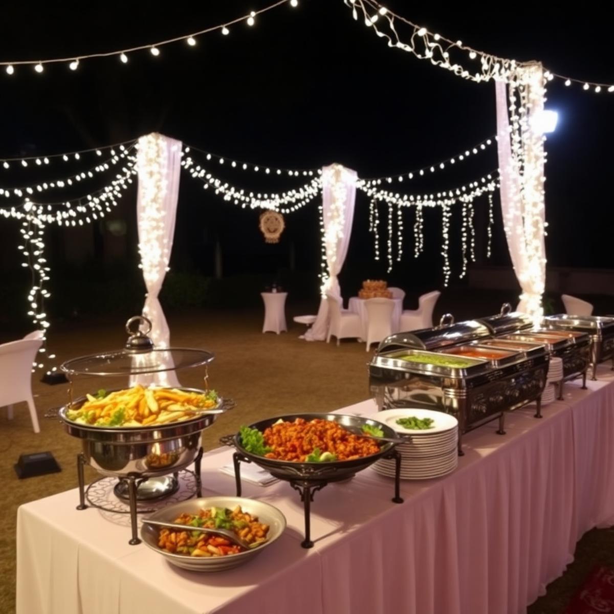 Outdoor vegetarian catering setup with buffet service and warm lights