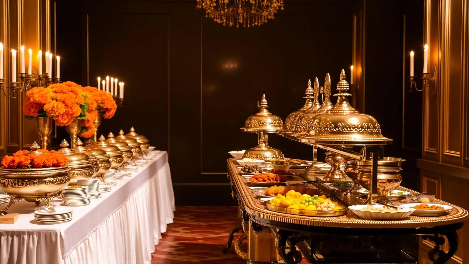 Premium vegetarian wedding buffet with brass serveware